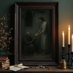 Puede incluir: Pintura enmarcada que representa una figura ofreciendo comida a una persona sentada. La obra de arte utiliza una paleta de colores oscuros y apagados, destacando las figuras y su interacción. El marco es de color marrón oscuro, iluminado por velas.