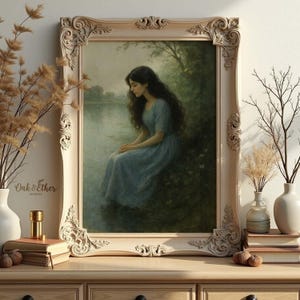 Contemplative Girl Oil Painting by Lake, Victorian Inspired Blue Dress Wall Art, Romantic Solitude Digital Download, Female Figure Print