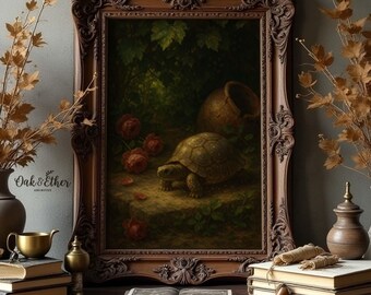 May include: A framed painting with a detailed brown ornate frame. The painting depicts a turtle, roses, and a clay pot in a garden setting. The image is set on a wooden table with books and decorative items. The text "Oak & Ether Archives" is visible.