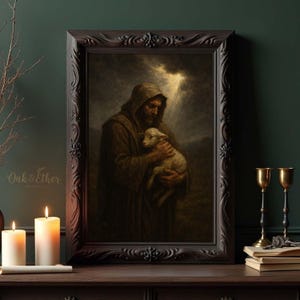 Good Shepherd Jesus Art Print, Christian Wall Art with Lamb, Biblical Oil Painting Style, Religious Home Decor, Faithful God Artwork