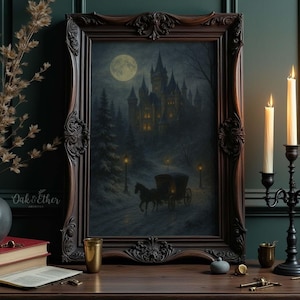 Gothic Castle Moonlight Carriage Print, Dark Romantic Victorian Oil Painting, Haunted Fairytale Fantasy Wall Art Digital Download
