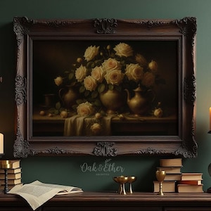 Vintage Still Life with Pale Roses and Brass Teapot, Moody Floral Oil Painting, Romantic Classical Wall Art, Digital Download