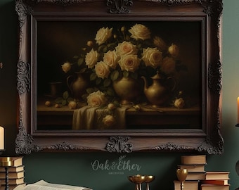 Vintage Still Life with Pale Roses and Brass Teapot, Moody Floral Oil Painting, Romantic Classical Wall Art, Digital Download