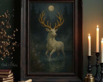 White Stag with Golden Antlers, Fantasy Moonlit Deer Digital Download Print, Enchanted Forest Animal Wall Art for Nursery or Farmhouse Decor