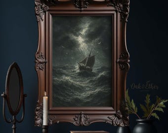 Stormy Sea Boat Wall Art – Dramatic Dark Ocean Oil Painting – Moody Nautical Printable Decor – Gothic Coastal Fine Art Download