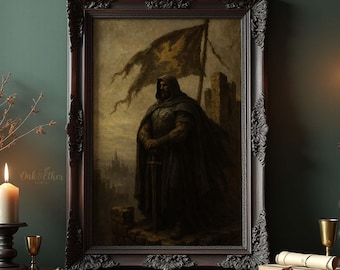 Dark Knight Wall Art Print, Medieval Warrior Oil Painting, Gothic Castle Decor, Moody Fantasy Male Portrait Digital Download for Game Room