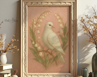 White Dove with Lilies of the Valley on Soft Pink Background, Symbolic Christian Bird Wall Art, Peace Hope and Romantic Victorian Elegance