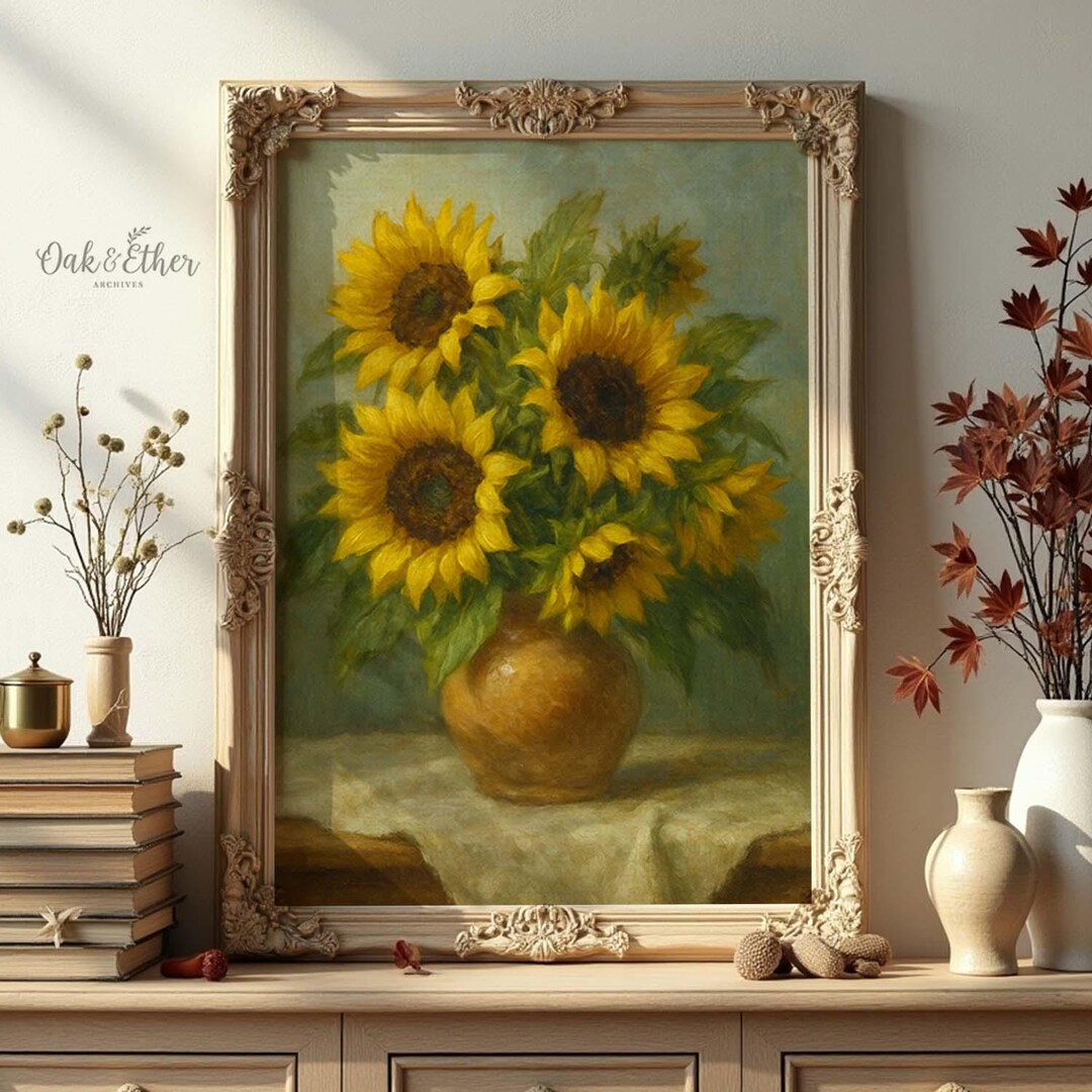 Sunflower Still Life Wall Art, Yellow Sunflowers in Vase Oil Painting ...