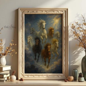 以下が含まれることがあります： 雲のある青い空を背景に、白、茶色、黒など様々な色の馬が描かれた絵画の額入りアートプリント。 アートワークは明るい色の木製フレームに入っています。 テキスト「Oak & Ether Archives」が左上にあります。