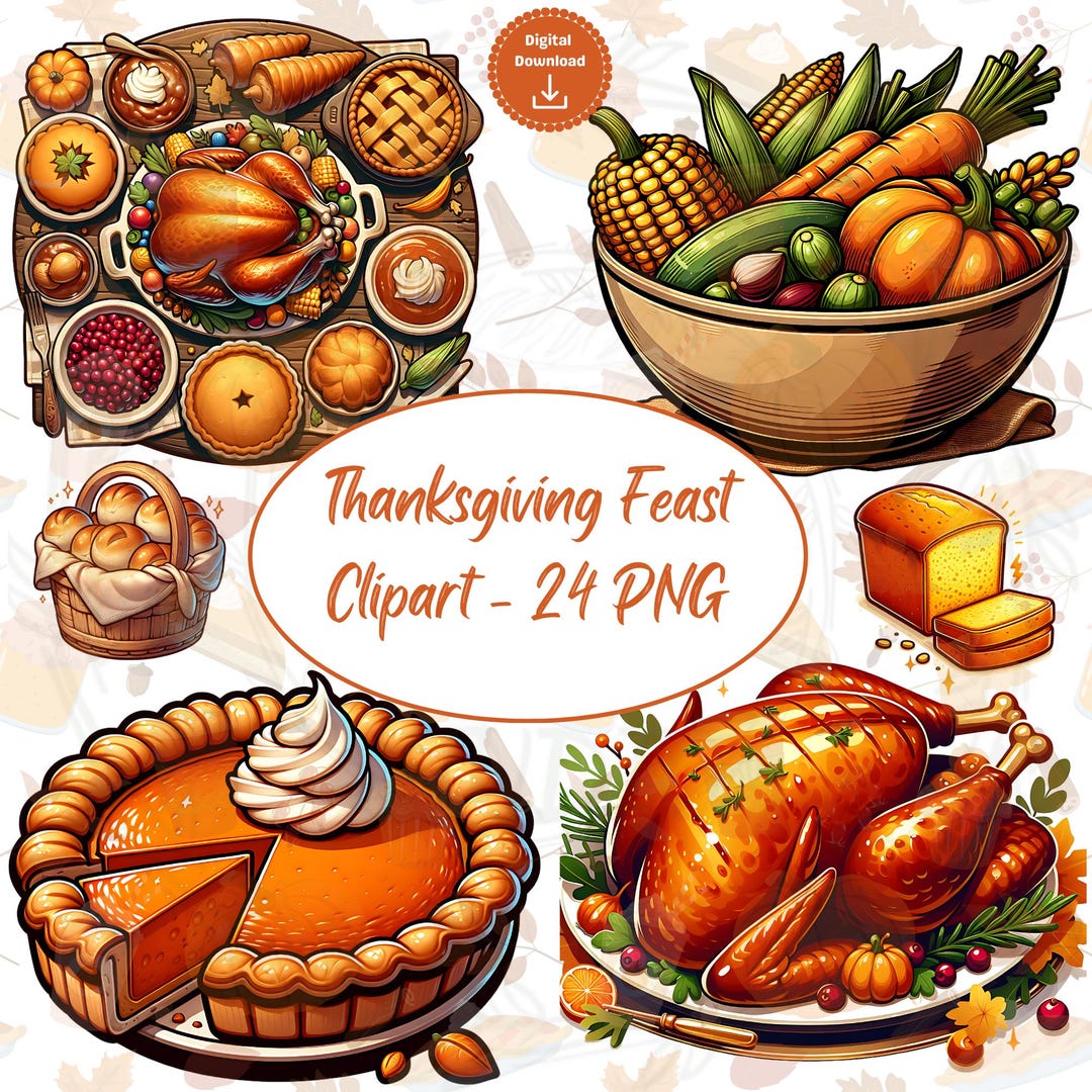Thanksgiving Feast Clipart: Holiday Dinner PNG Bundle Digital Download ...