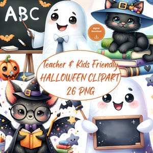 Teachers,Kids Friendly Halloween Clipart|26 PNG Bundle|Whimsical Cute Spooky Digital Download|School and Classroom Halloween Projects|Crafts