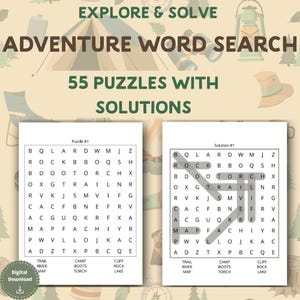 May include: A digital download of an adventure-themed word search puzzle book. The cover reads "Explore & Solve Adventure Word Search" and "55 Puzzles with Solutions." The puzzles and solutions are displayed on white paper with words circled.