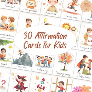 May include: A collection of 30 affirmation cards for kids, featuring colorful illustrations and positive messages like "I can lead" and "I am grateful." The cards have a digital download option and are designed to promote self-esteem and positive thinking.