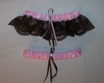 Light Pink Satin / Chocolate Brown Lace   - 2 Piece Wedding Garter Set - 1 To Keep / 1 To Throw