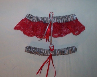 Light Silver Satin / Red Lace   - 2 Piece Wedding Garter Set - 1 To Keep / 1 To Throw