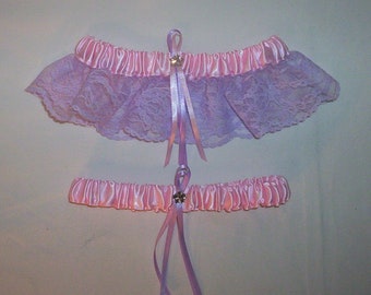 Light Pink Satin / Lavender Lace   - 2 Piece Wedding Garter Set - 1 To Keep / 1 To Throw
