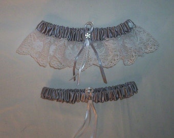 Light Silver Satin / White Lace   - 2 Piece Wedding Garter Set - 1 To Keep / 1 To Throw