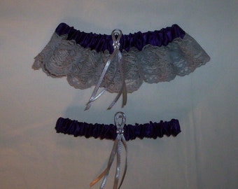 Regency Purple Satin / Silver Lace - 2 Piece Wedding Garter Set - 1 To Keep / 1 To Throw