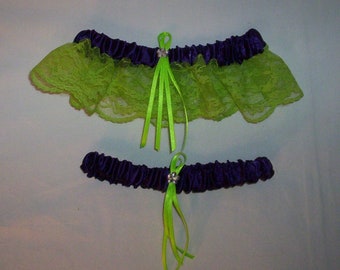 Regency Purple Satin / Apple Green (Lime) Lace - 2 Piece Wedding Garter Set - 1 To Keep / 1 To Throw