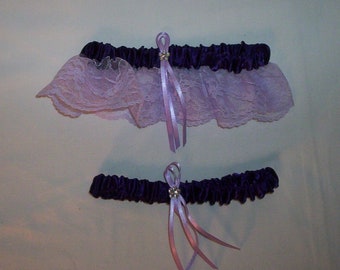 Regency Purple Satin / Lavender Lace - 2 Piece Wedding Garter Set - 1 To Keep / 1 To Throw