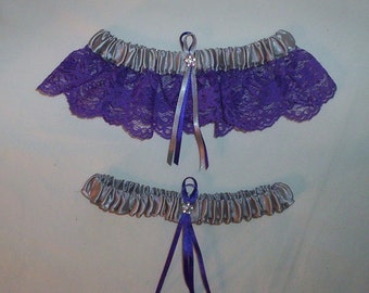 Light Silver Satin / Purple Lace   - 2 Piece Wedding Garter Set - 1 To Keep / 1 To Throw