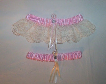 Light Pink Satin / Ivory Cream Lace   - 2 Piece Wedding Garter Set - 1 To Keep / 1 To Throw