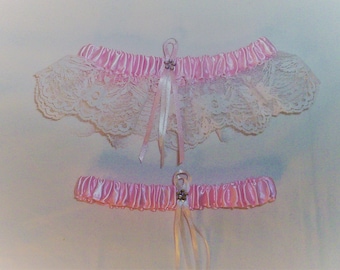 Light Pink Satin / White Lace   - 2 Piece Wedding Garter Set - 1 To Keep / 1 To Throw