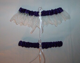 Regency Purple Satin / White Lace - 2 Piece Wedding Garter Set - 1 To Keep / 1 To Throw