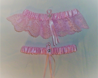 Light Pink Satin / Light Pink Lace   - 2 Piece Wedding Garter Set - 1 To Keep / 1 To Throw