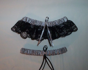 Light Silver Satin / Black Lace   - 2 Piece Wedding Garter Set - 1 To Keep / 1 To Throw