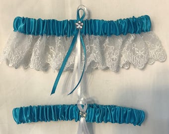 Turquoise Satin / White Lace - 2 Piece Wedding Garter Set - 1 To Keep / 1 To Throw
