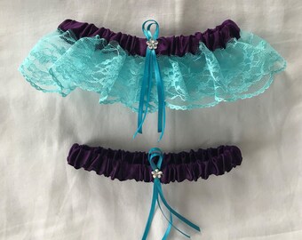 Regency Purple Satin / Turquoise Lace - 2 Piece Wedding Garter Set - 1 To Keep / 1 To Throw