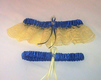 Horizon Blue Satin / Light Yellow Lace - 2 Piece Wedding Garter Set - 1 To Keep / 1 To Throw