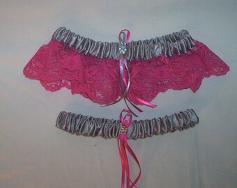 Light Silver Satin / Fuchsia Pink Lace   - 2 Piece Wedding Garter Set - 1 To Keep / 1 To Throw