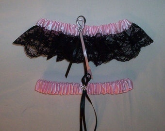 Light Pink Satin / Black Lace   - 2 Piece Wedding Garter Set - 1 To Keep / 1 To Throw