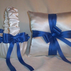 White Satin With Horizon Blue (Royal Blue) Ribbon Trim Flower Girl Basket And Ring Bearer Pillow