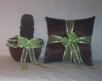 Chocolate Brown Satin With Light Mint Green Ribbon Trim Flower Girl Basket And Ring Bearer Pillow