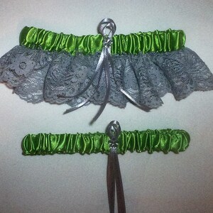 Apple Green Satin / Silver Lace - 2 Piece Wedding Garter Set - 1 To Keep / 1 To Throw
