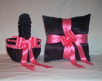 Black Satin With Coral Trim  Flower Girl Basket And Ring Bearer Pillow