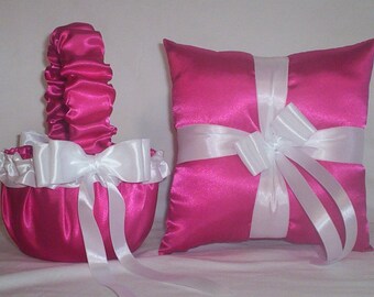 Fuchsia Hot Pink Satin With White Ribbon Trim  Flower Girl Basket And Ring Bearer Pillow Set 2