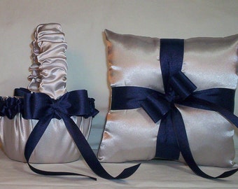 Silver Satin With Navy Blue Ribbon Trim Flower Girl Basket And Ring Bearer Pillow