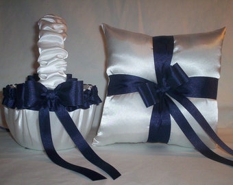 White Satin With Navy Blue Ribbon Trim Flower Girl Basket And Ring Bearer Pillow