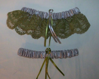 Light Silver Satin / Sage Green Lace   - 2 Piece Wedding Garter Set - 1 To Keep / 1 To Throw