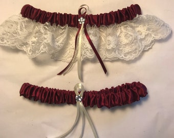 Burgundy Satin / Ivory Cream Lace - 2 Piece Wedding Garter Set - 1 To Keep / 1 To Throw