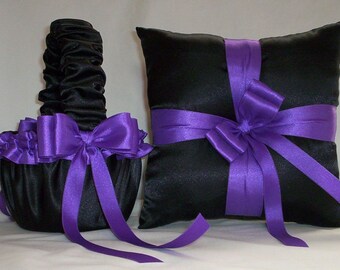 Black Satin With  Purple Ribbon Trim  Flower Girl Basket And Ring Bearer Pillow