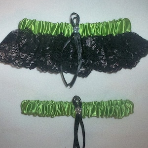 Apple Green Satin / Black Lace - 2 Piece Wedding Garter Set - 1 To Keep / 1 To Throw