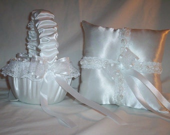 White Satin With White Beaded Lace Trim Flower Girl Basket And Ring Bearer Pillow Set 2