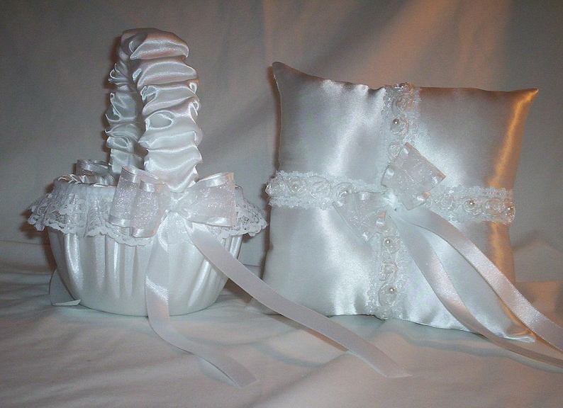 White Satin With White Beaded Lace Trim Flower Girl Basket And Ring Bearer Pillow Set 2 image 1