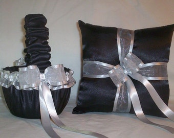 Black Satin With Silver Ribbon Trim  Flower Girl Basket And Ring Bearer Pillow Set 1