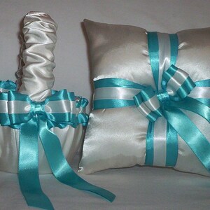 Ivory Cream Satin With Turquoise Ribbon Trim Flower Girl Basket And Ring Bearer Pillow Set 3 image 1